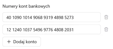 Pole Numery kont bankowych z dwoma numerami, ikona kosza przy każdym z nich i przycisk Dodaj konto pod spodem