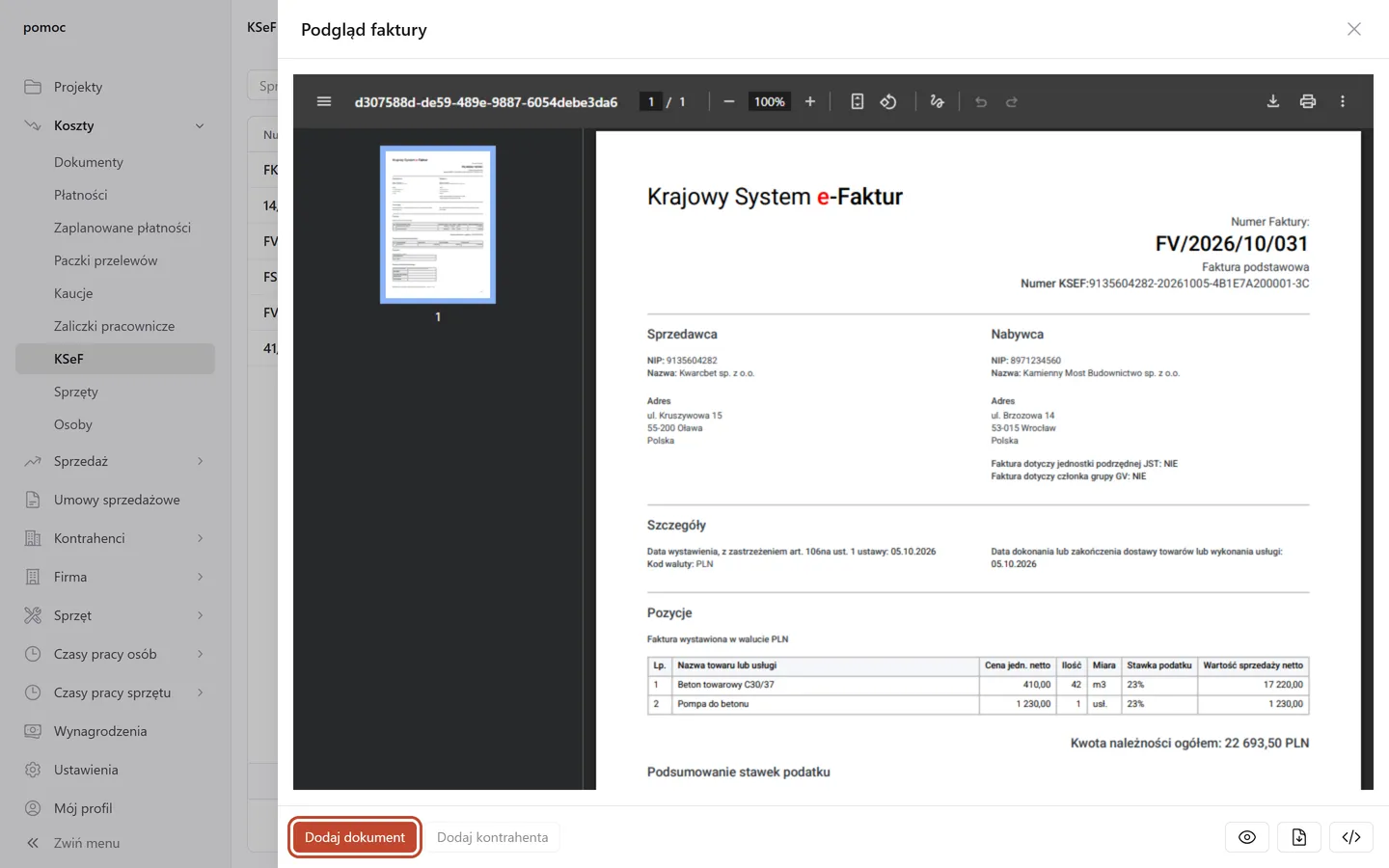 Podgląd faktury z KSeF z PDF-em faktury; przycisk Dodaj dokument w lewym dolnym rogu