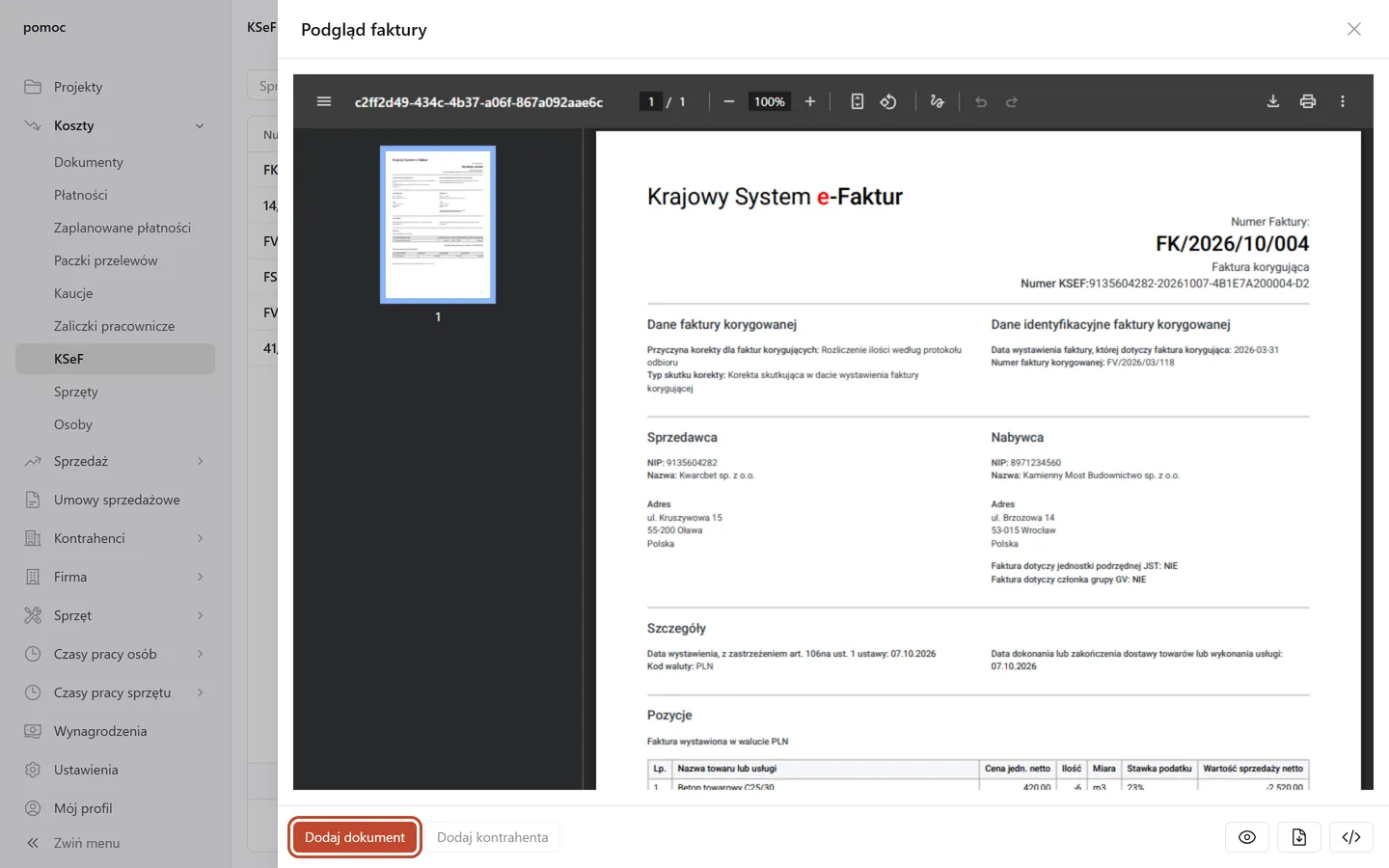 Panel Podgląd faktury z PDF-em faktury korygującej; przycisk Dodaj dokument w lewym dolnym rogu