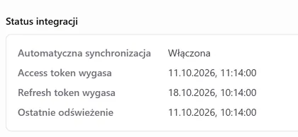 Panel Status integracji: automatyczna synchronizacja włączona, daty wygaśnięcia logowania i ostatnie odświeżenie